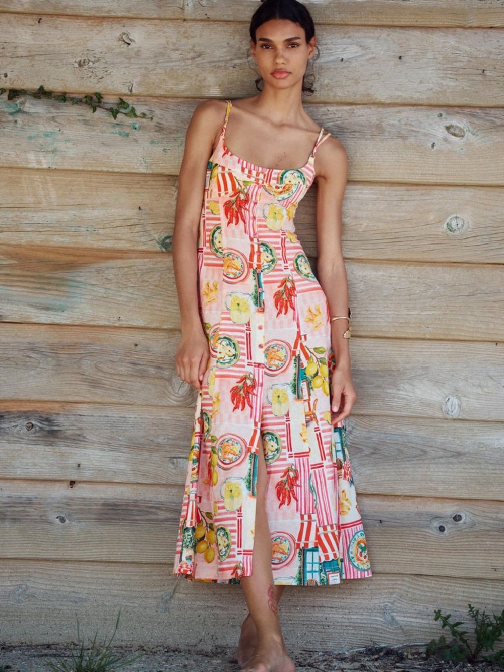 Zara Floral Pink Lemon Print Maxi Dress - Italy Inspired Summer Linnen Dress - Picture 3 of 11